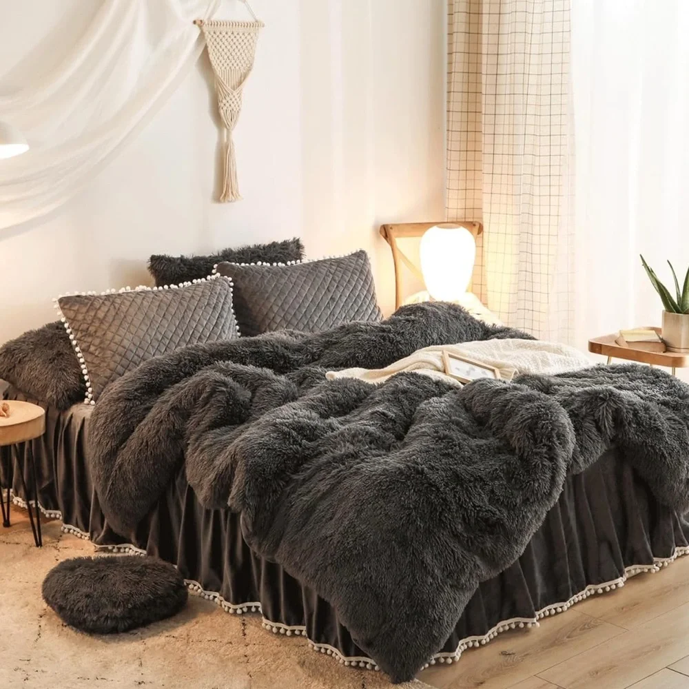 🎀DARK Gray Velvet Faux Fur Duvet Cover Zipper New🎀